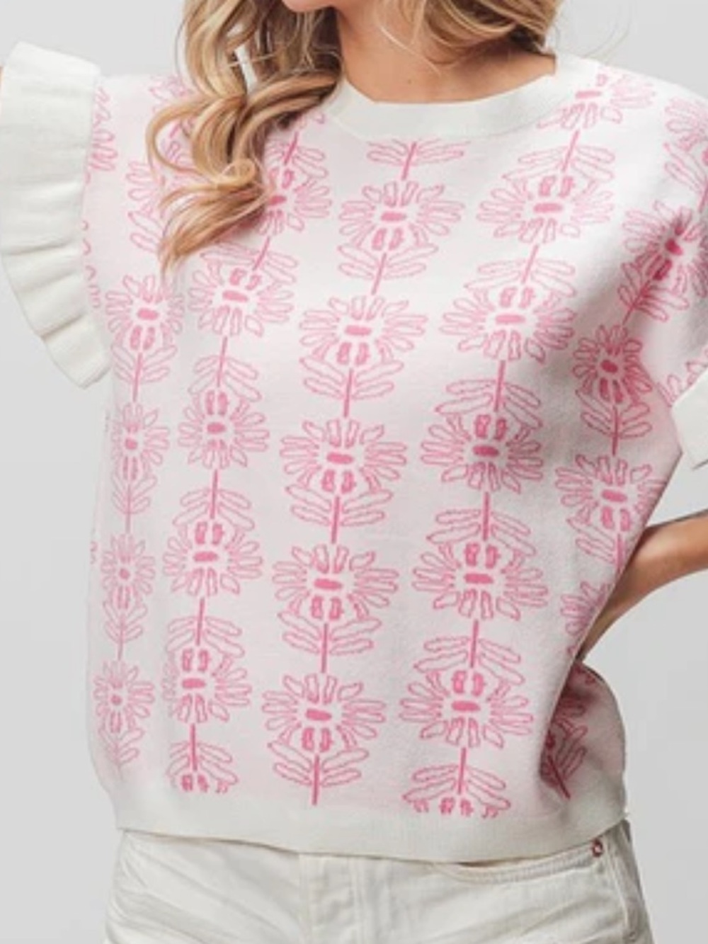 NEW BiBi Pink Floral Jacquard Knit Sweater Top with Cream Trim Small/Medium